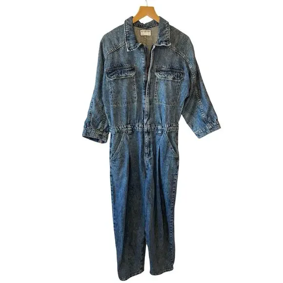 Free People We The Free Western Denim Zip Up Long Sleeve Straight Leg Jumpsuit M - Picture 1 of 15